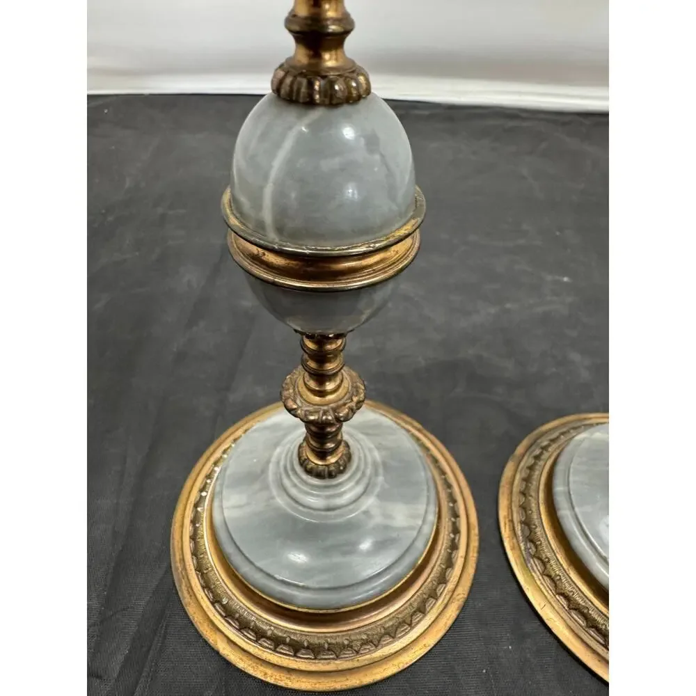 Antique Pair of 19th Century French Napoleon III Grey Marble Bronze Candlesticks